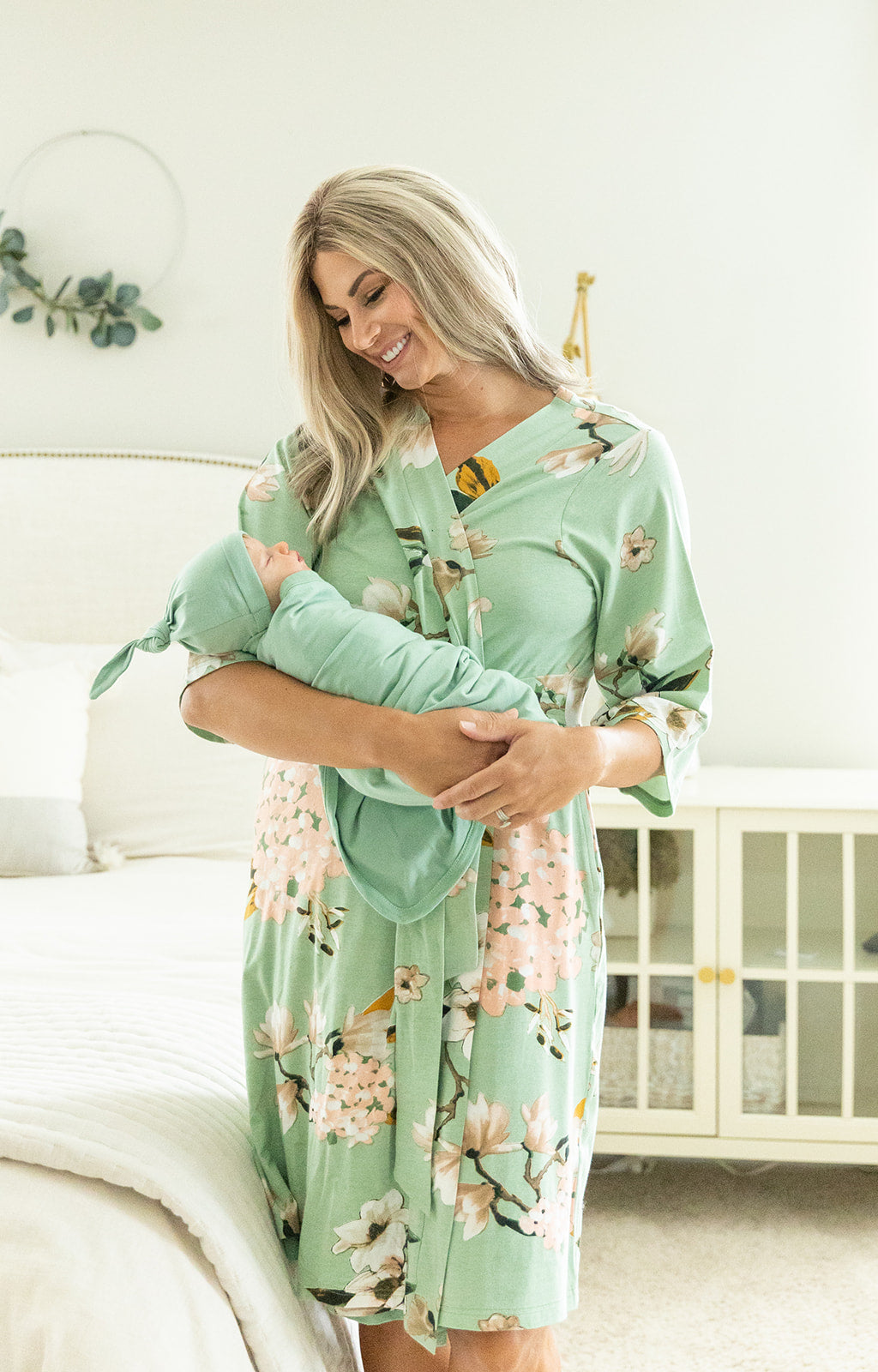 Floral Hospital Maternity Delivery Robe & Sage Green Swaddle