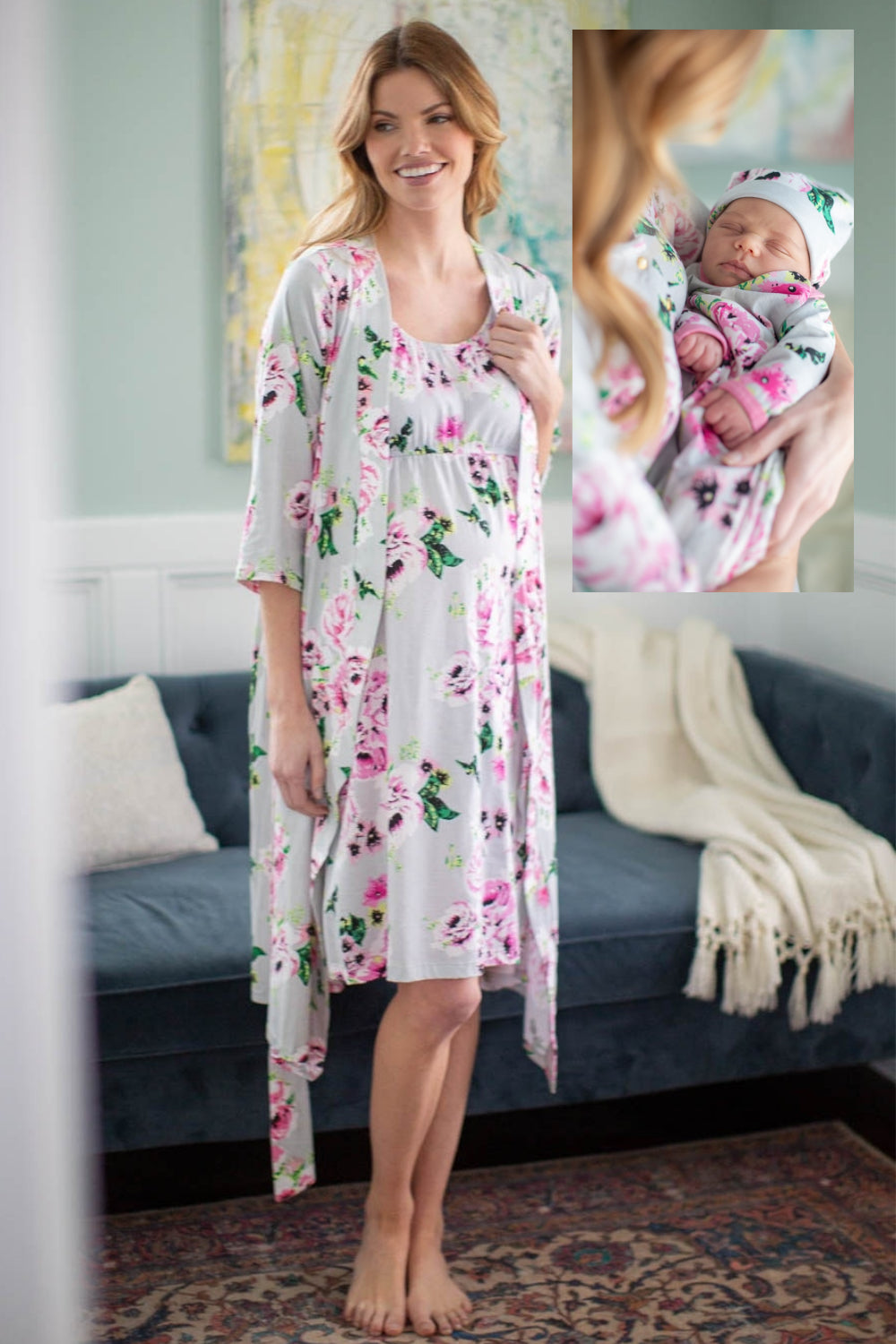 Olivia Sleeveless Nursing Nightgown & Robe & Baby Receiving Gown
