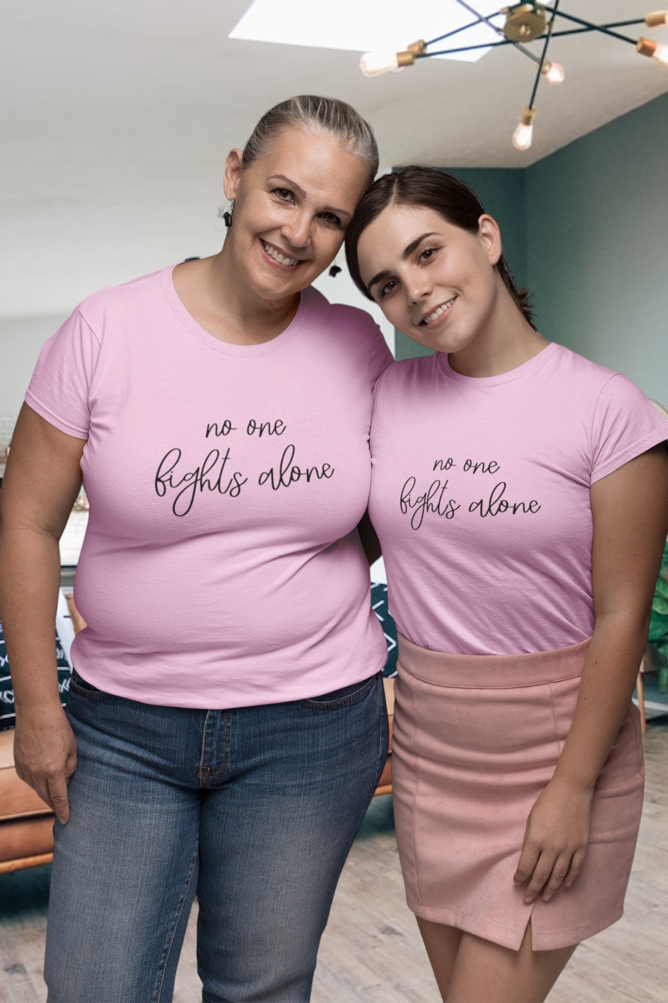 No One Fights Alone Matching Women's T-Shirts Set in Pink