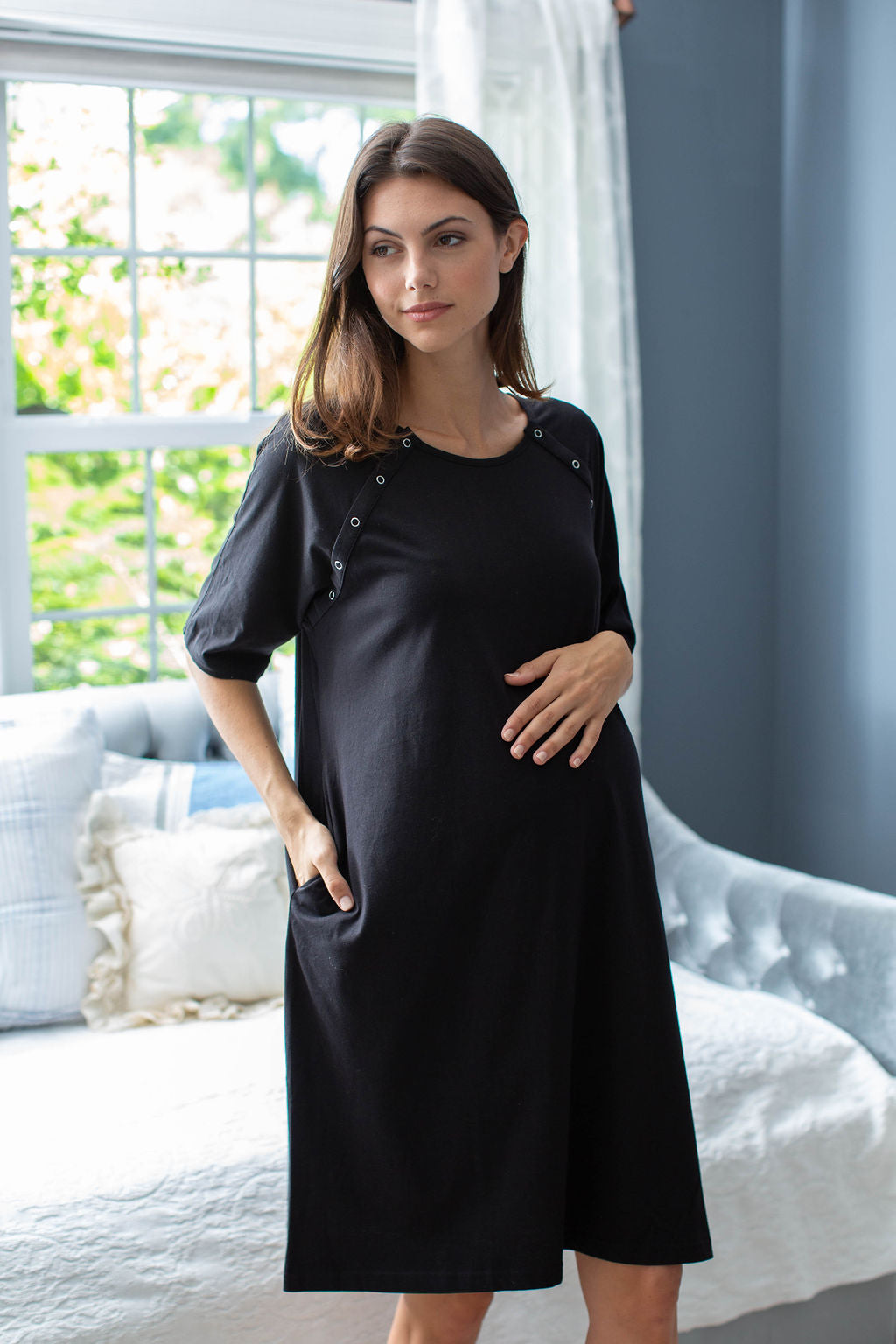 Black Jersey Knit Gownie Labor Delivery Hospital Gown Nightgown Set Gownies