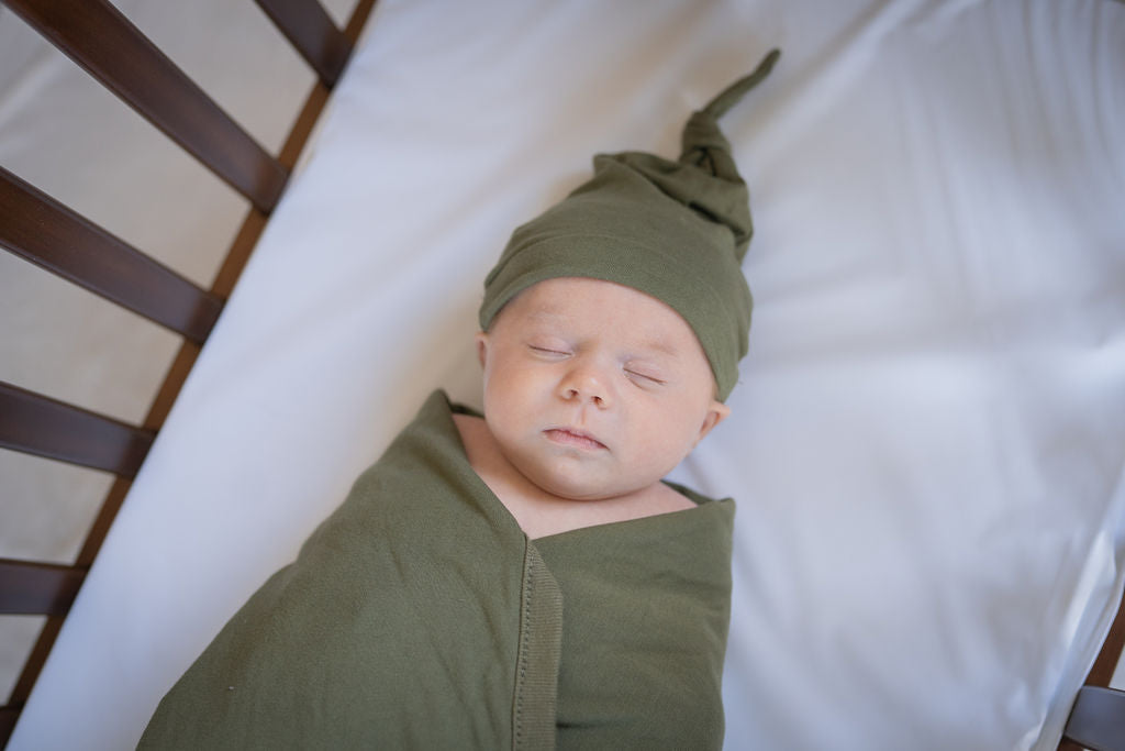 Olive Green Swaddle Blanket Newborn Hat Set Gownies